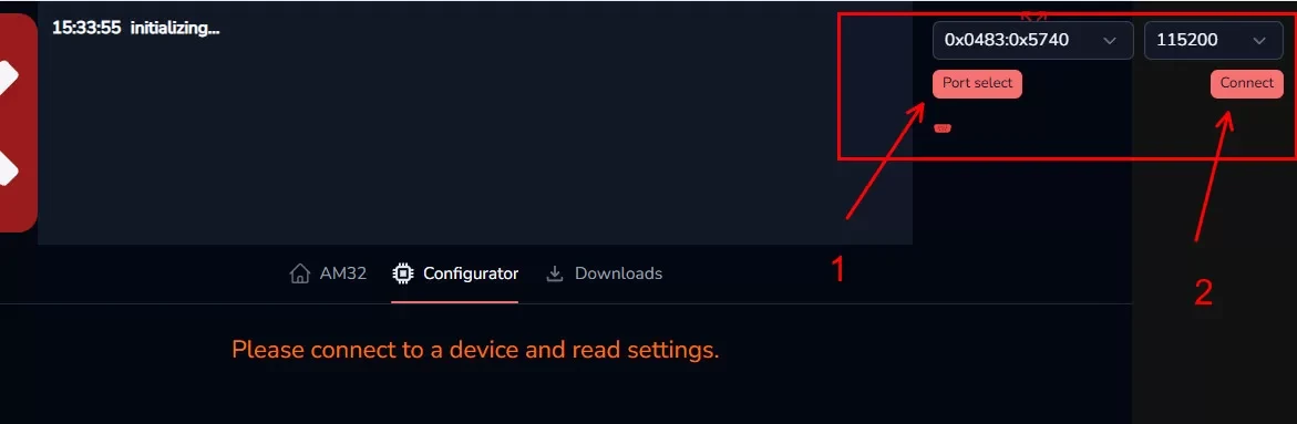 Selecting the port and connecting in the AM32 web configurator
