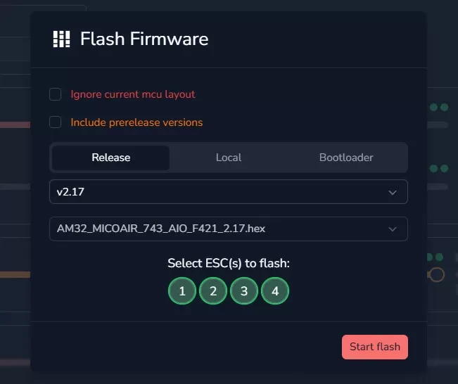 The Flash Firmware dialog with a version selected and all four ESCs chosen