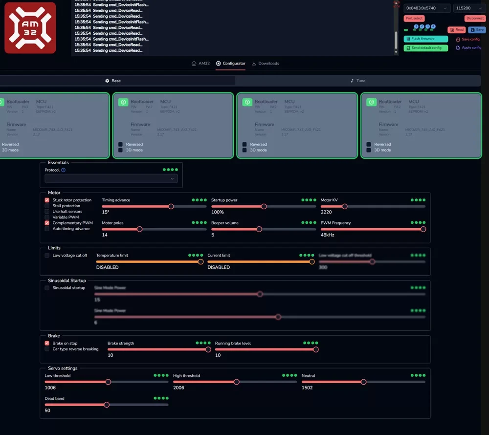 All four ESCs read, showing their firmware and settings