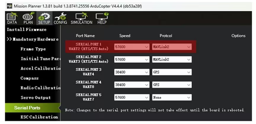 Serial ports configuration in Mission Planner