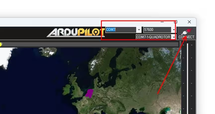 Selecting the port and connecting in Mission Planner