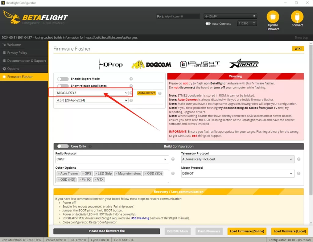 Betaflight Configurator's Firmware Flasher with a board target selected and firmware loaded