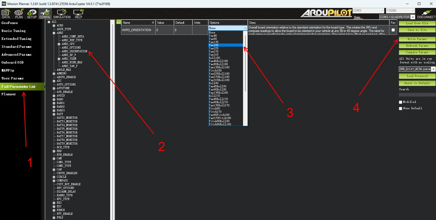 Setting AHRS_ORIENTATION in the Mission Planner full parameter list