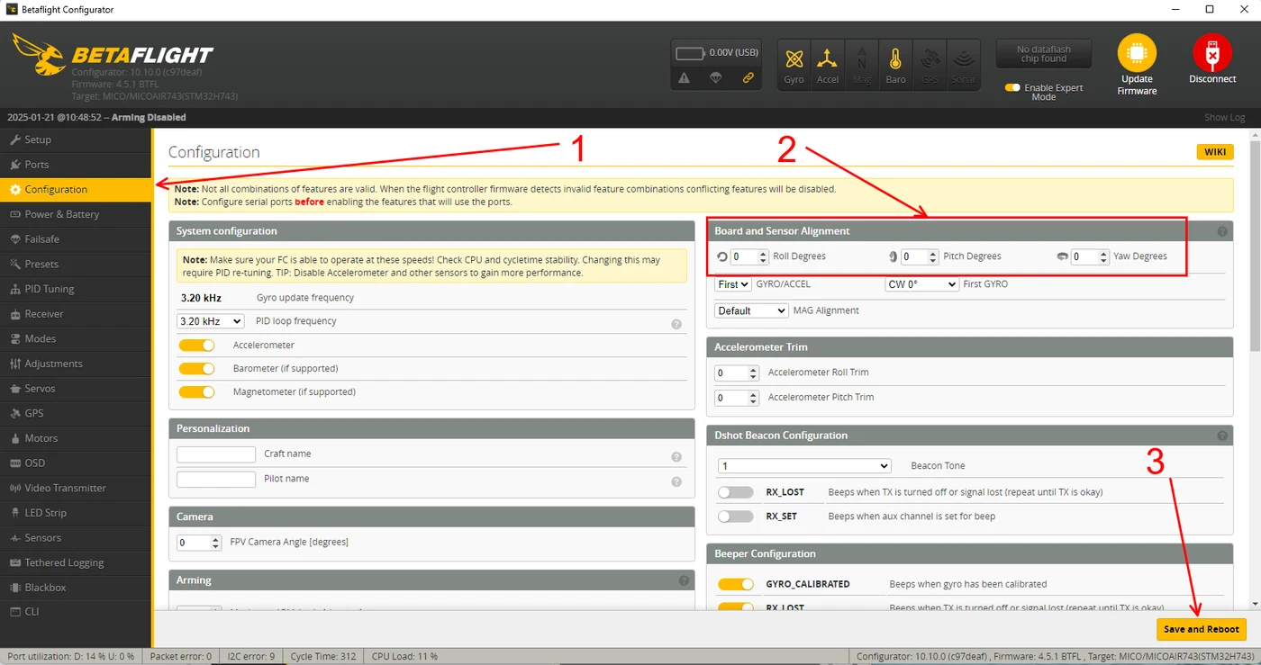 Board and Sensor Alignment on the Betaflight Configurator Configuration page