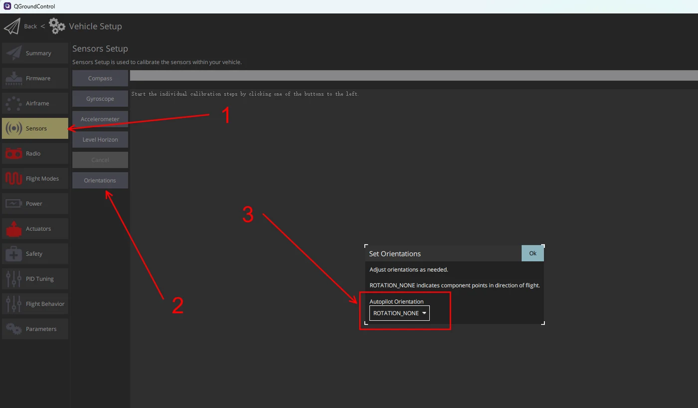 Setting Autopilot Orientation in QGroundControl's Sensors page