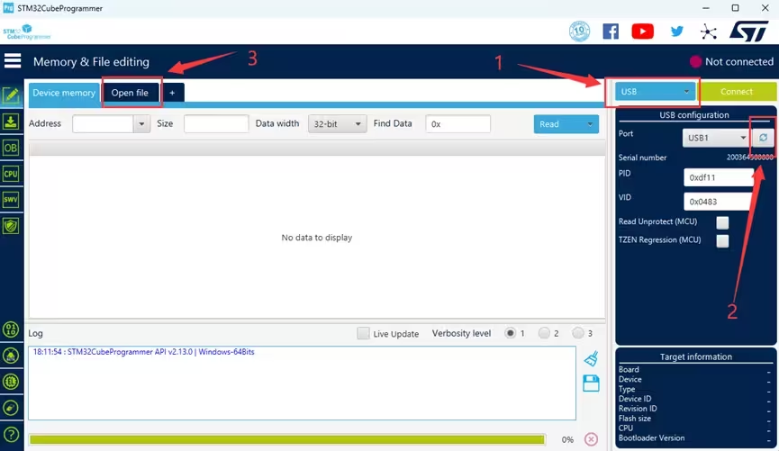 STM32CubeProgrammer connecting to a flight controller in DFU mode over USB