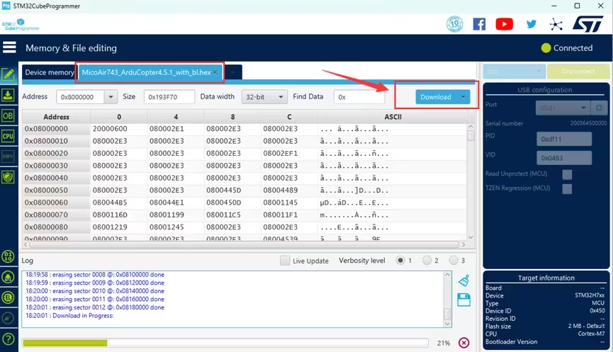 STM32CubeProgrammer downloading an ArduPilot hex file to the flight controller