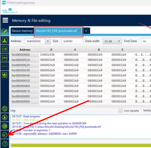 STM32CubeProgrammer flashing the PX4 bootloader elf file