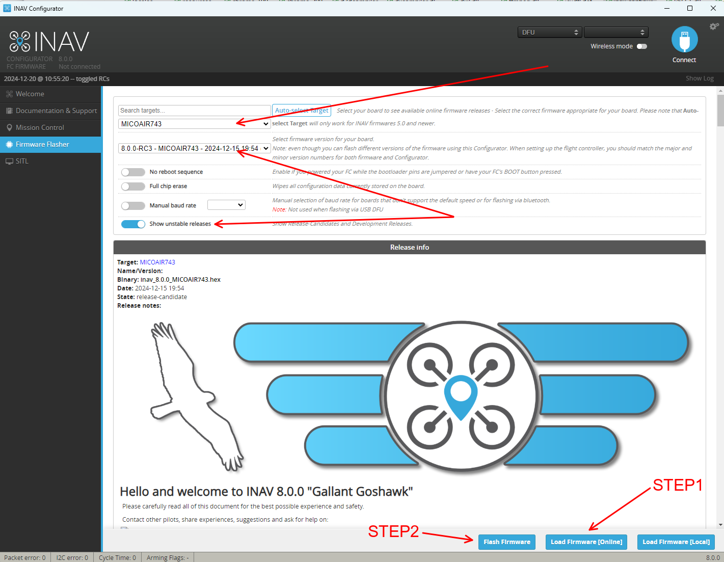 INAV Configurator's Firmware Flasher page with board target and version selected