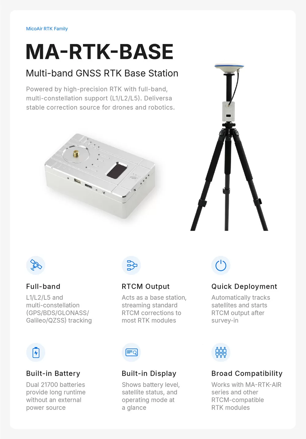 MicoAir MA-RTK-BASE battery-powered RTK base station with OLED display