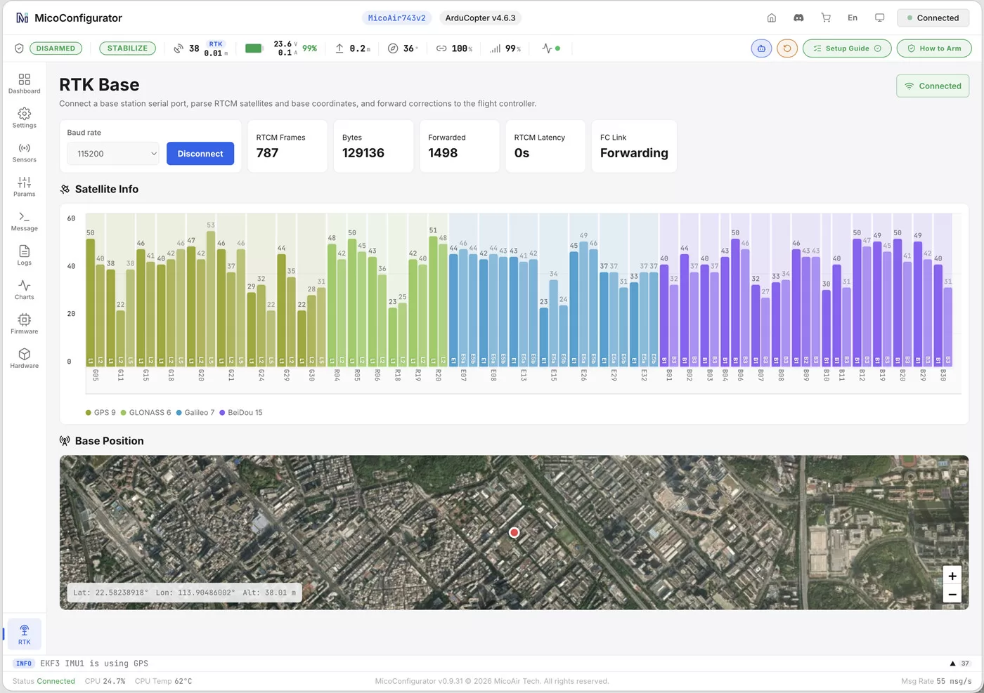 MicoConfigurator RTK page relaying base station corrections