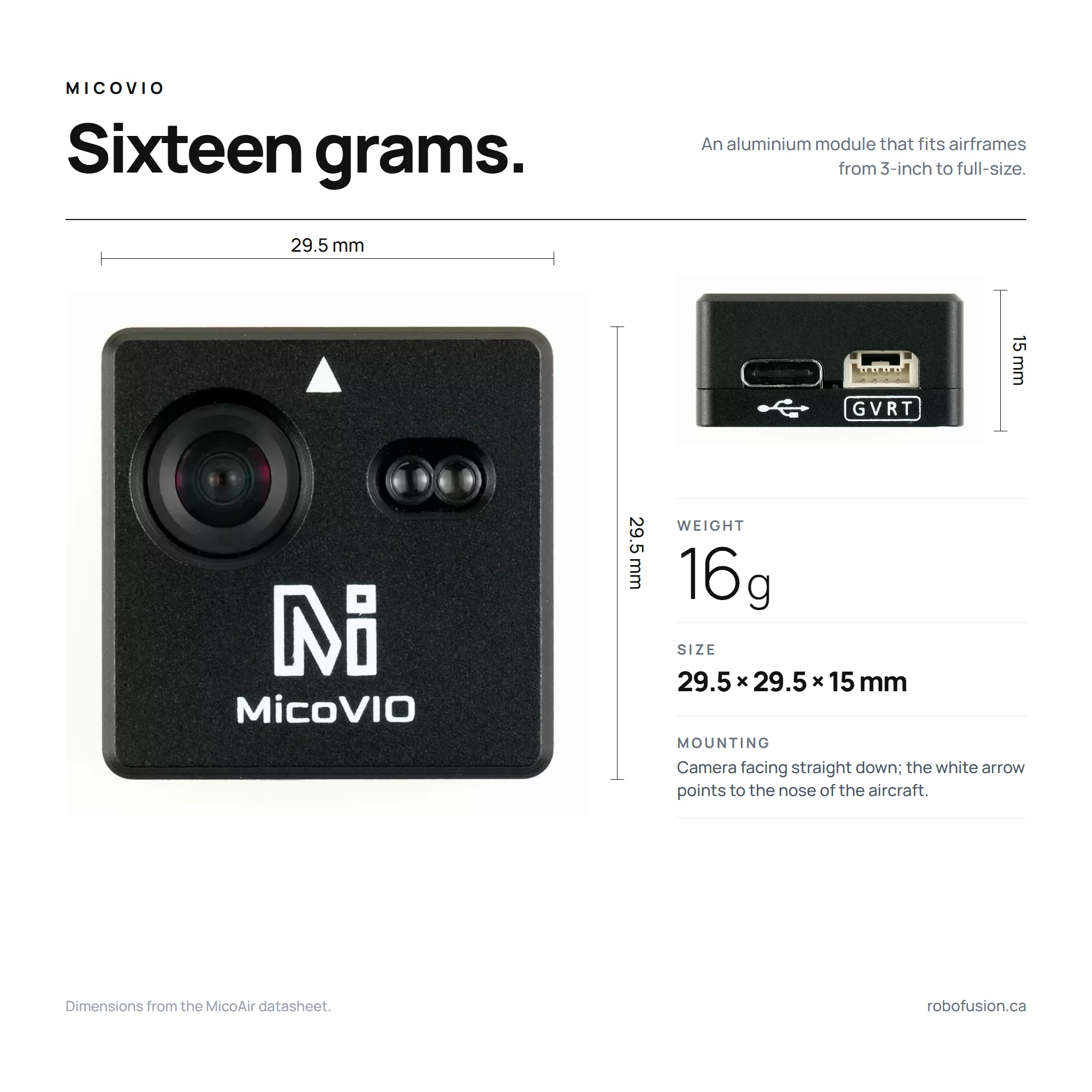 MicoVIO dimensions: 29.5 × 29.5 × 15 mm, 16 g