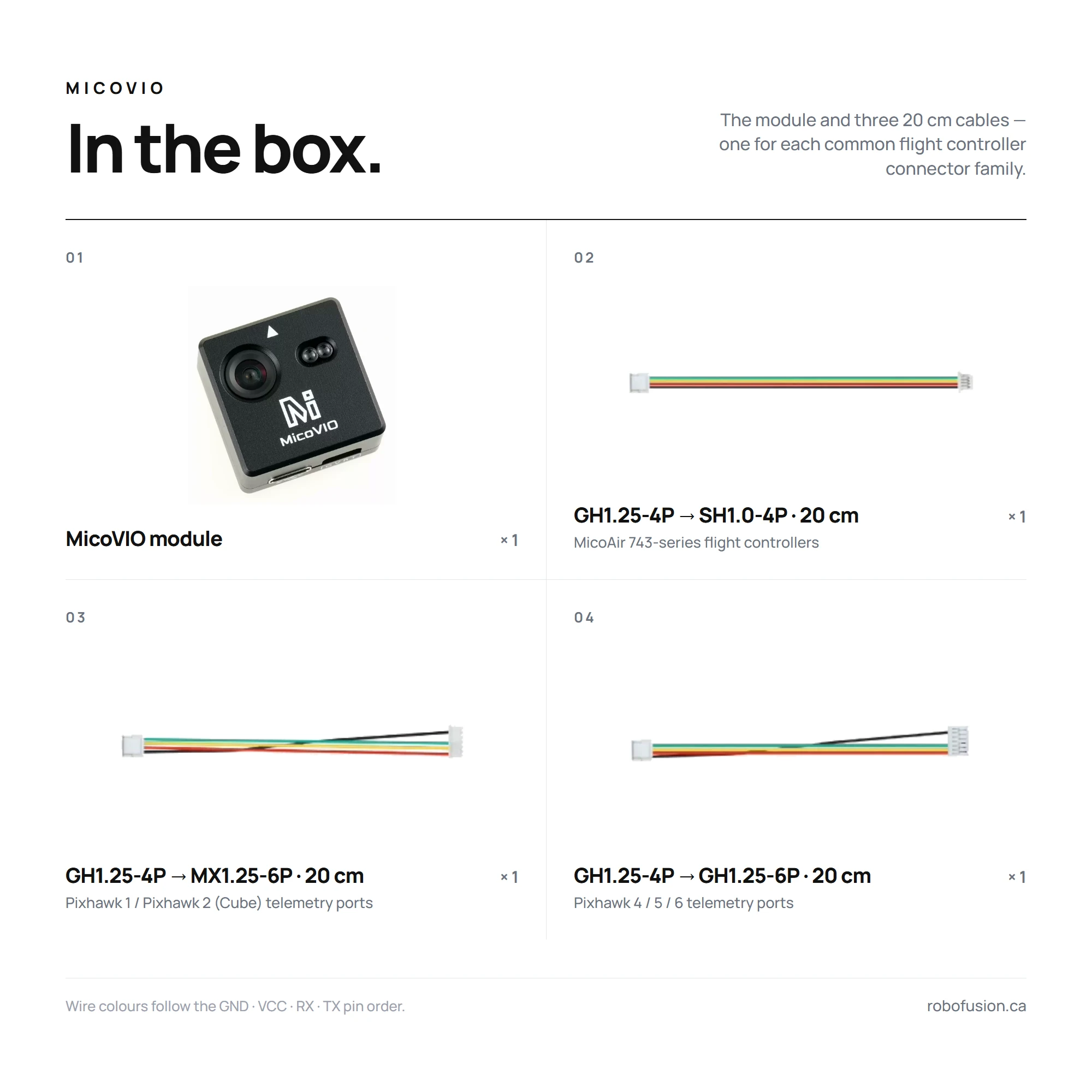 MicoVIO box contents: module and three 20 cm cables for MicoAir 743-series, Pixhawk 1/2 and Pixhawk 4/5/6