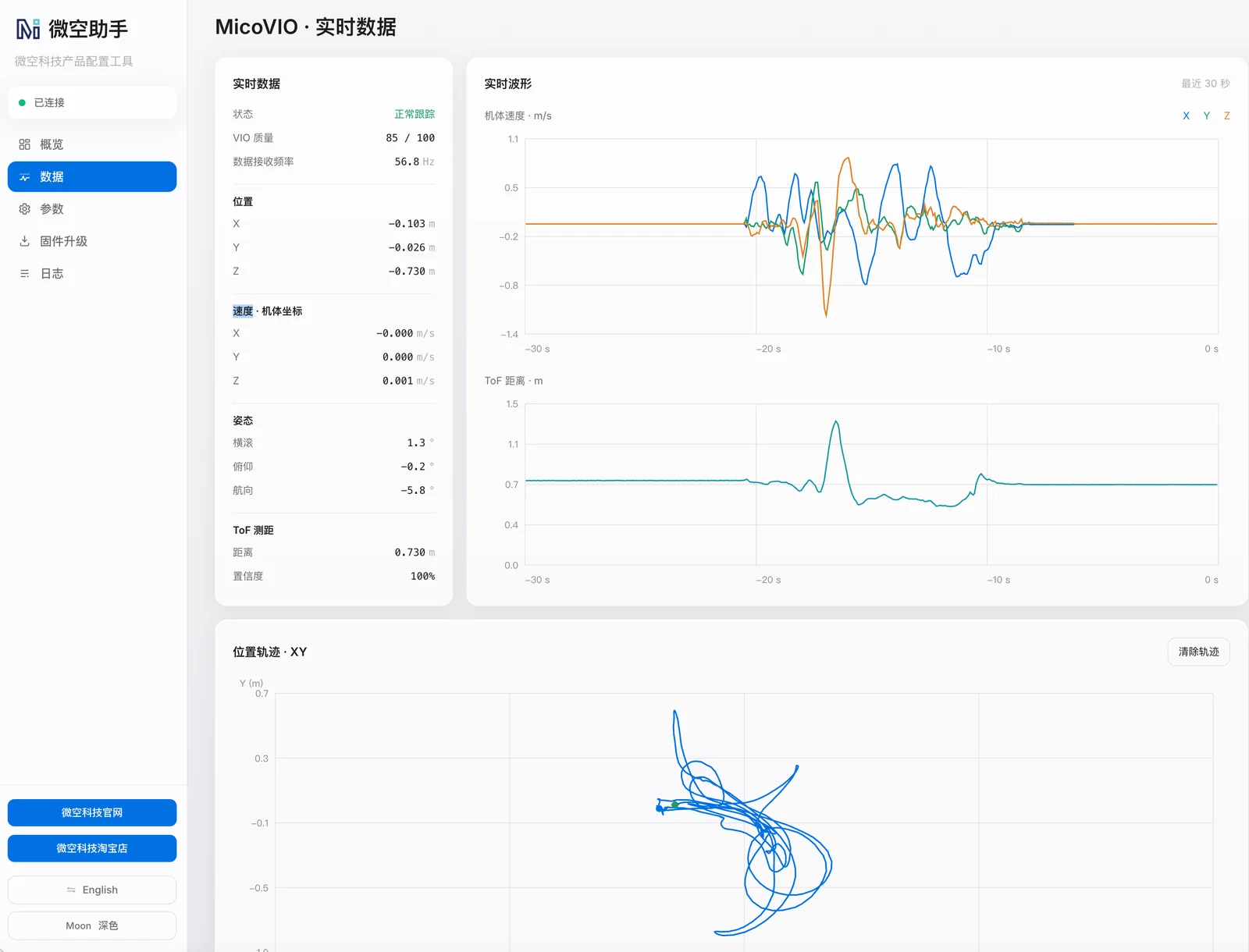 MicoAssistant live data page for MicoVIO: tracking state, VIO quality 85/100, 56.8 Hz, position, body velocity, attitude, ToF distance, waveforms and XY trace