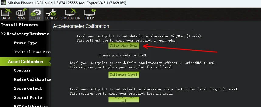 Mission Planner accelerometer calibration page