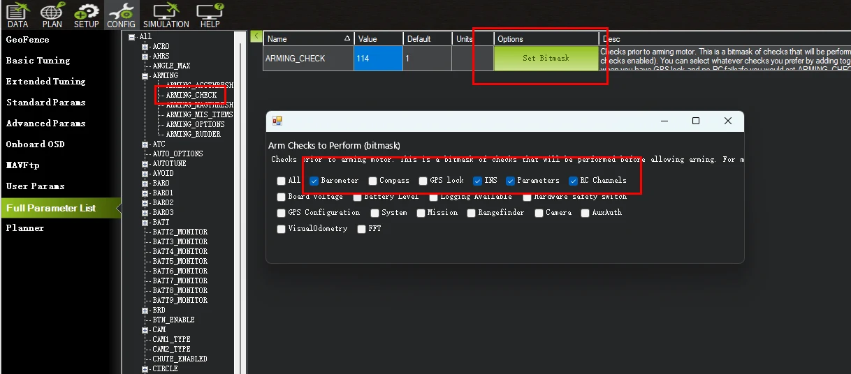 Mission Planner's bitmask editor for the older ARMING_CHECK parameter