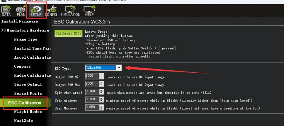 Setting the ESC output protocol in Mission Planner