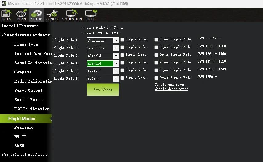 Mission Planner flight modes page