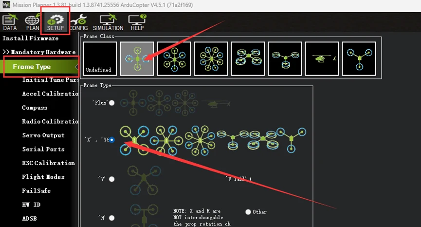 Mission Planner Frame Type page with Quad and X selected