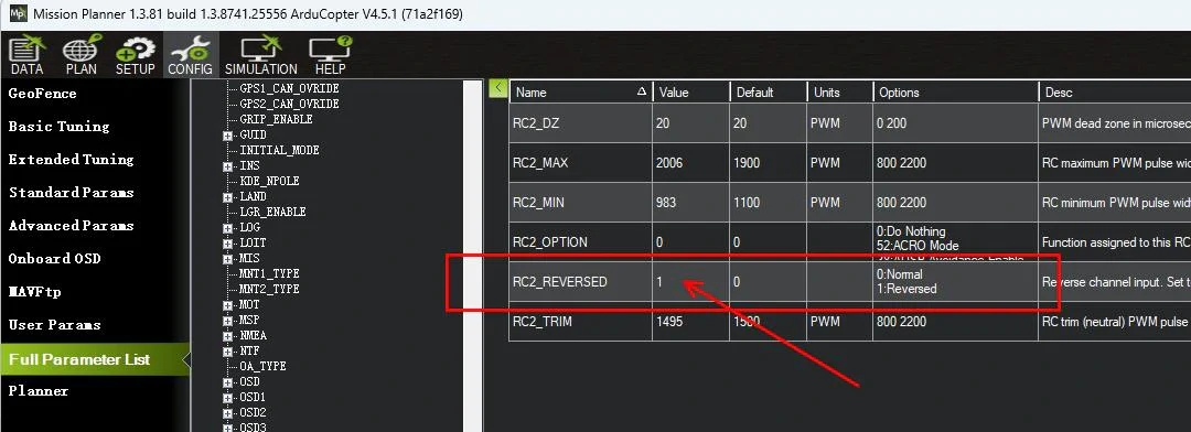 Setting RC2_REVERSED in the parameter list