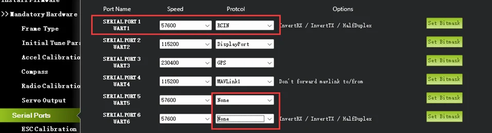 Mission Planner Serial Ports page