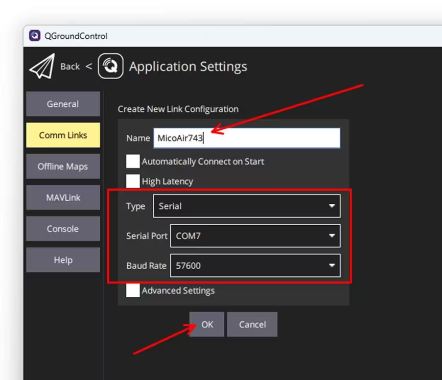 Serial comm link settings
