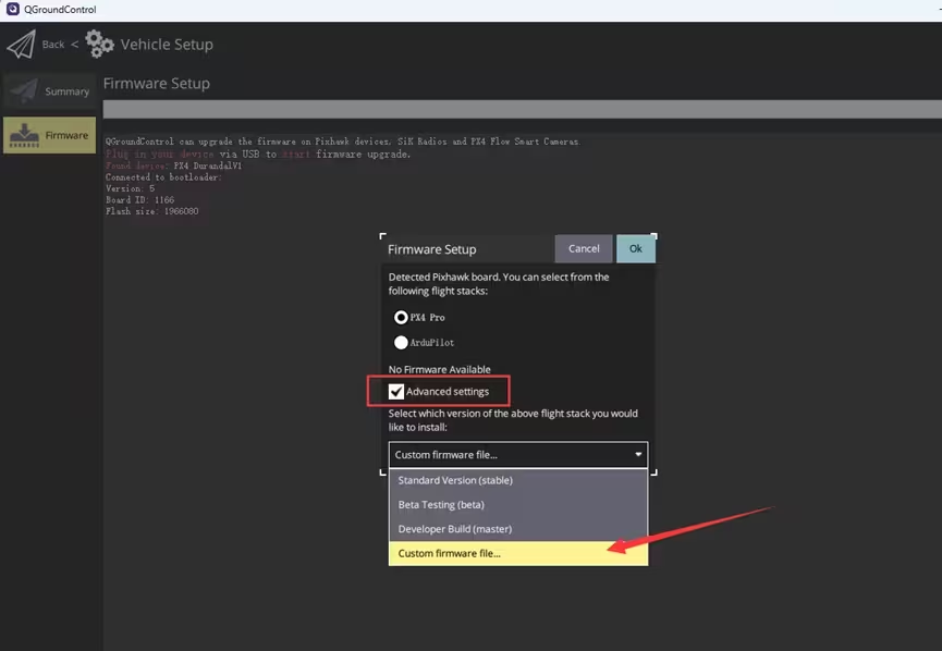 Selecting Advanced settings and Custom firmware file in QGroundControl