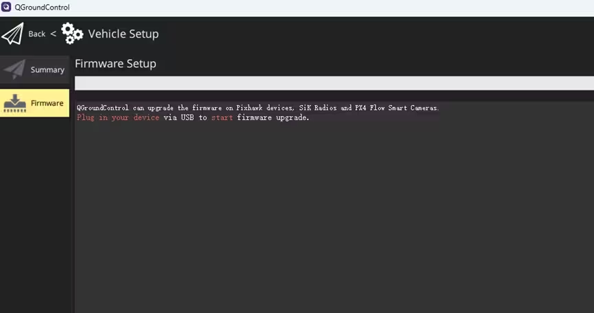 QGroundControl's Firmware page waiting for a board to be plugged in
