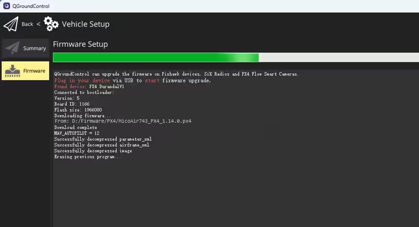 QGroundControl flashing PX4 firmware and reporting progress