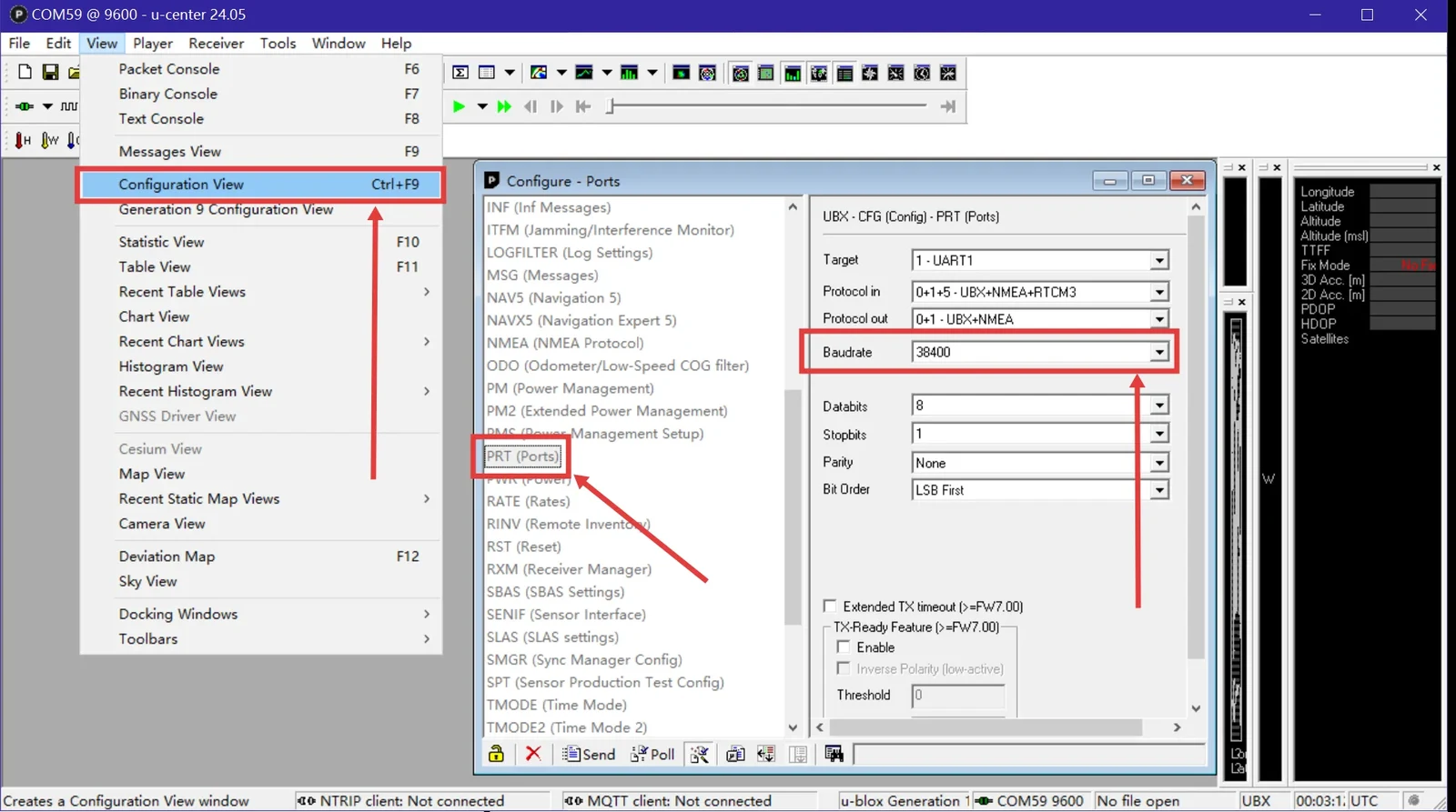 u-center Configuration View showing the PRT Ports page and the current baud rate