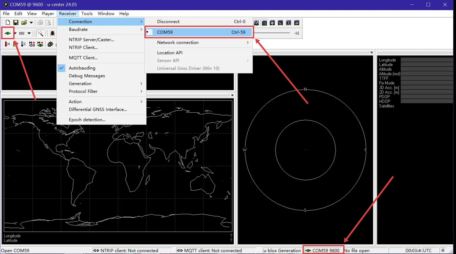 Connecting to a COM port in u-center through the Receiver menu