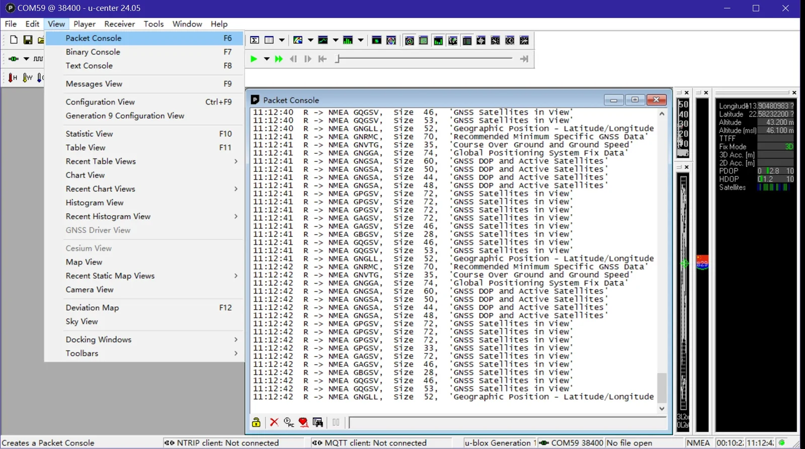 The u-center Packet Console showing NMEA messages arriving from the receiver