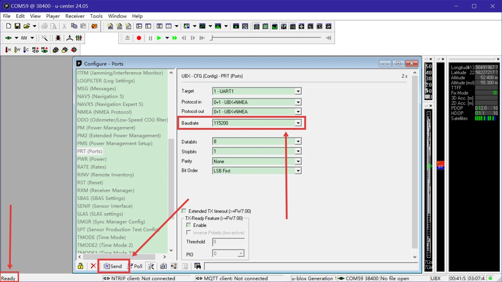 Setting the target baud rate to 115200 on the u-center Ports page