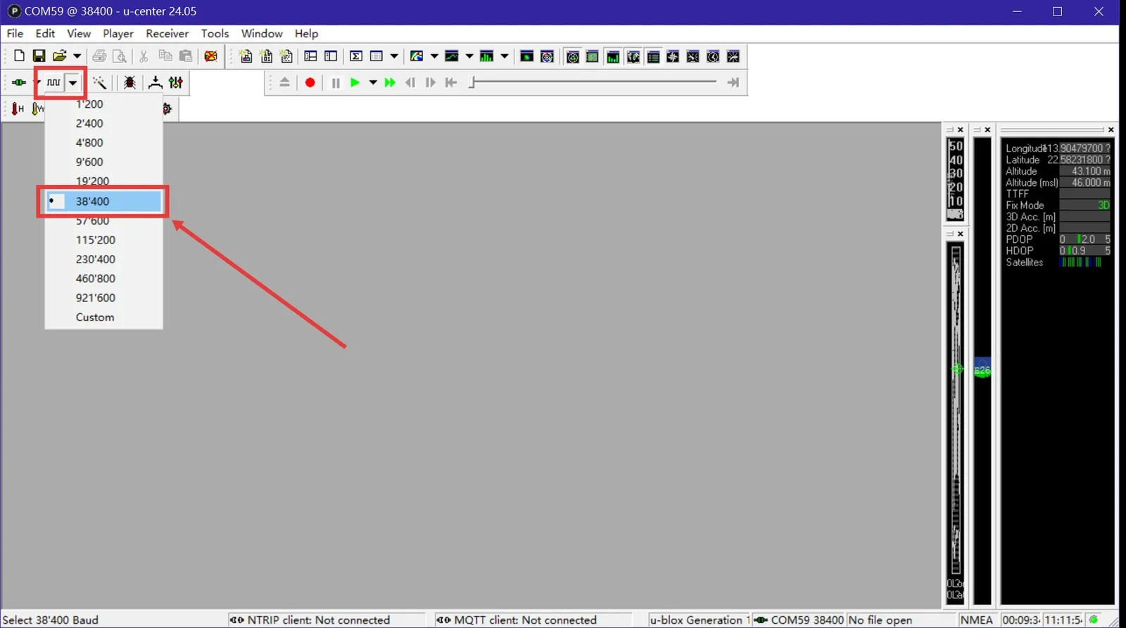 Selecting the baud rate manually in the u-center toolbar