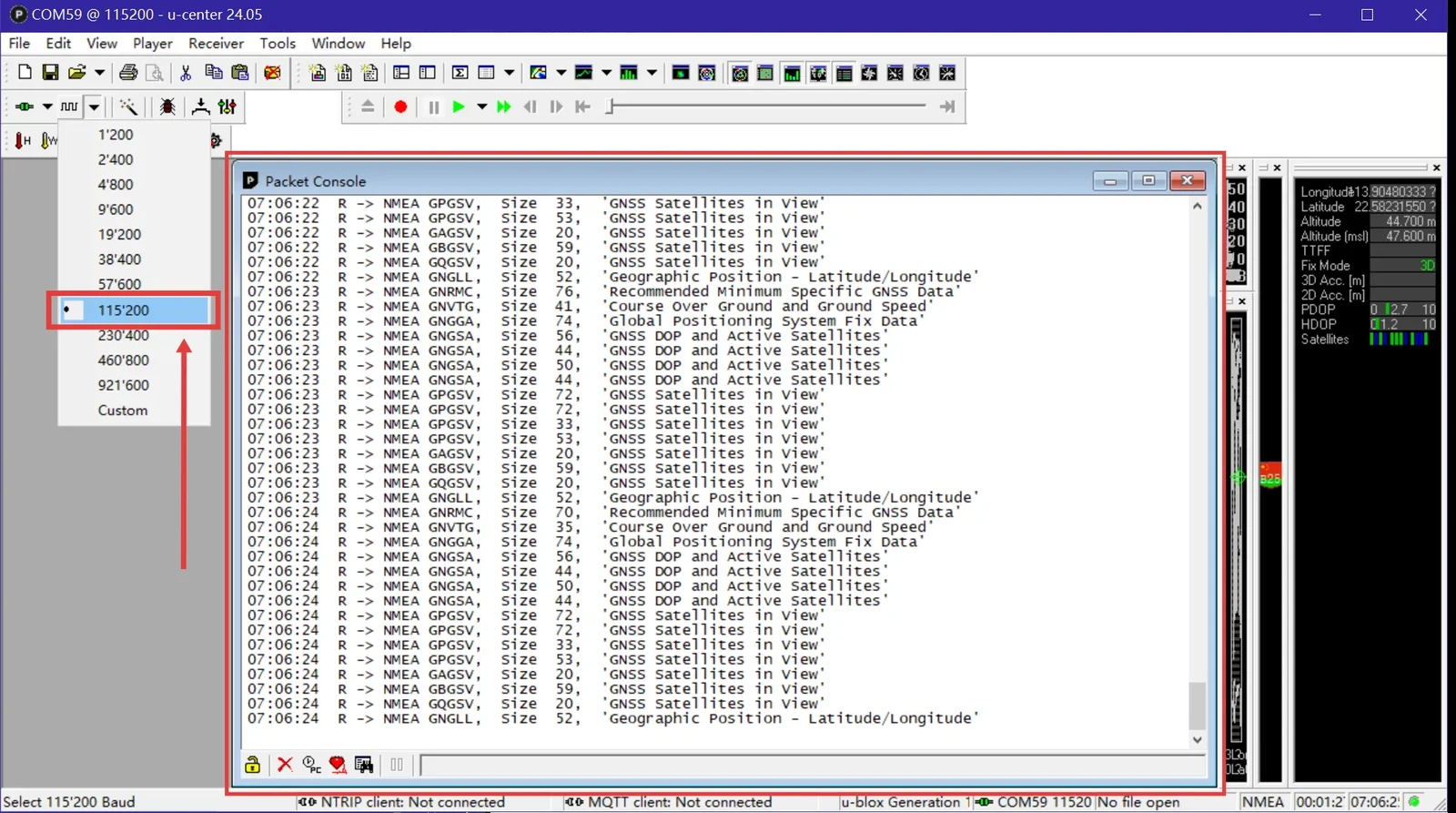 Verifying the saved baud rate after a cold start, with data scrolling in the Packet Console