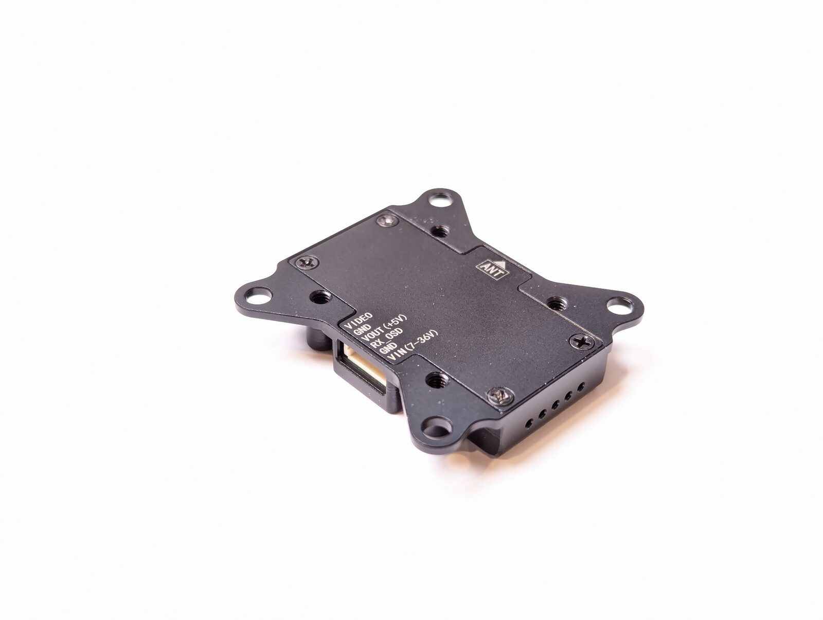 VT5804 case underside — silk-screened pinout labels VIDEO, GND, VOUT +5V, RX_OSD, GND, VIN 7–36V, with ANT direction arrow