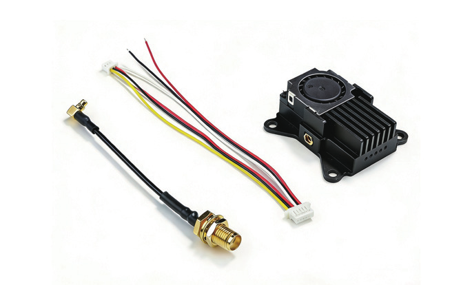 VT5805 package contents — transmitter module, ribbon cable, MMCX to RPSMA extension feeder cable