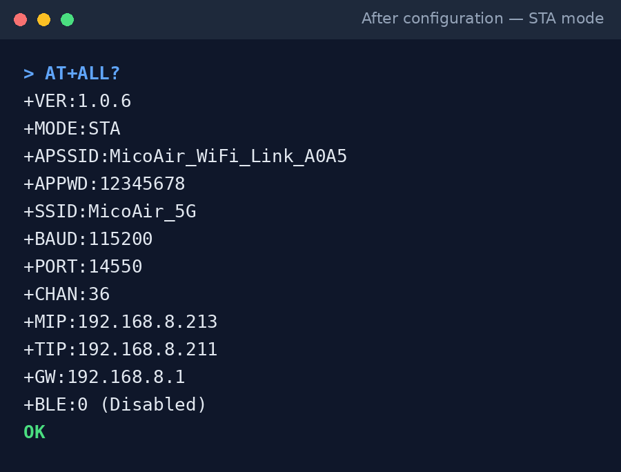 AT+ALL? after reboot — STA-mode parameters confirmed