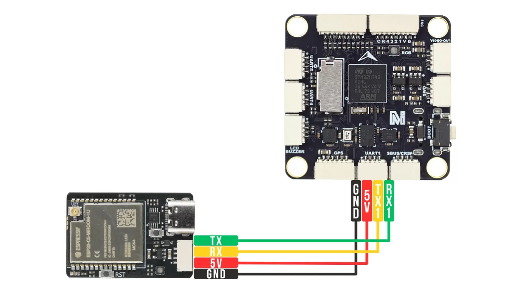 WiFi Link wired to flight controller serial port 1 — TX/RX crossed, 5V and GND straight through
