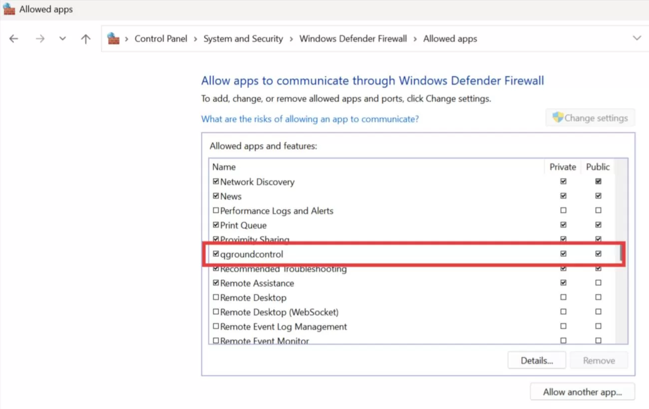 Allowing the ground station through the Windows Firewall