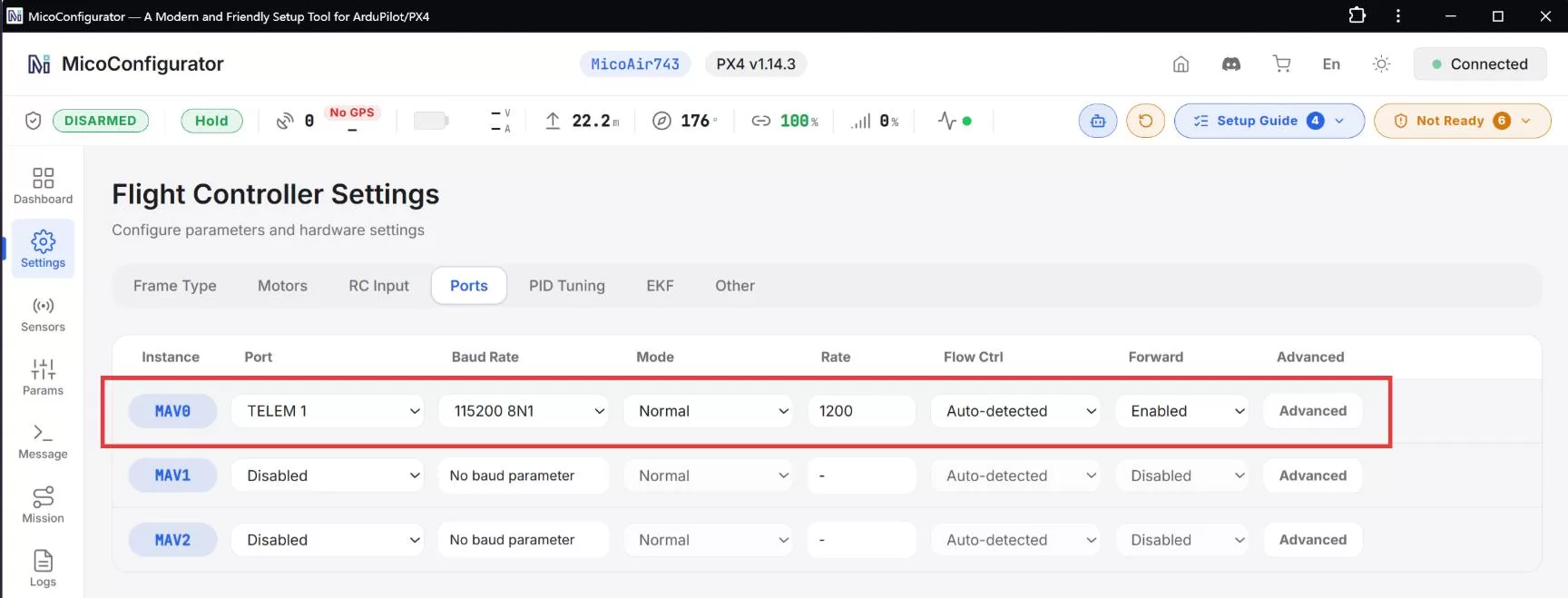 PX4 TELEM1 MAVLink configuration for the WiFi Link