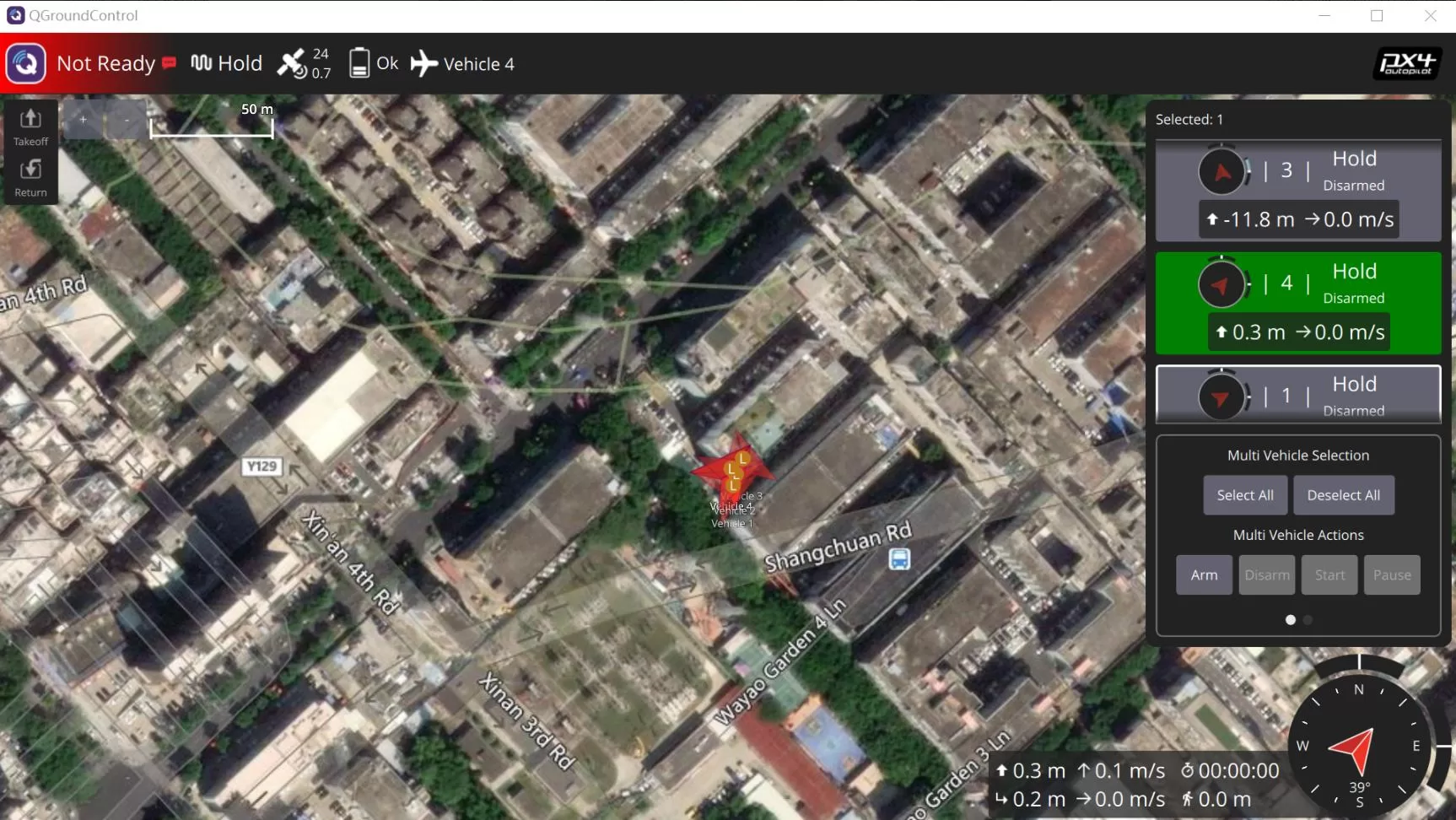 Four PX4 vehicles connected simultaneously in QGroundControl