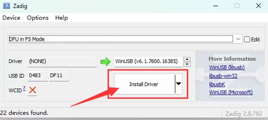 Installing the WinUSB driver for the DFU device in Zadig
