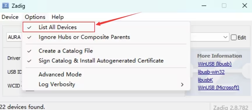 Zadig with List All Devices ticked in the Options menu