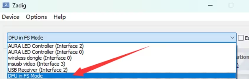 Selecting DFU in FS Mode from the Zadig device dropdown